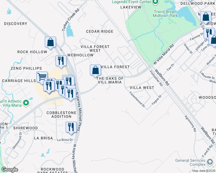 map of restaurants, bars, coffee shops, grocery stores, and more near 1305 West Villa Maria Road in Bryan