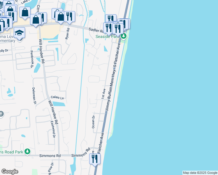 map of restaurants, bars, coffee shops, grocery stores, and more near 2477 South Fletcher Avenue in Fernandina Beach