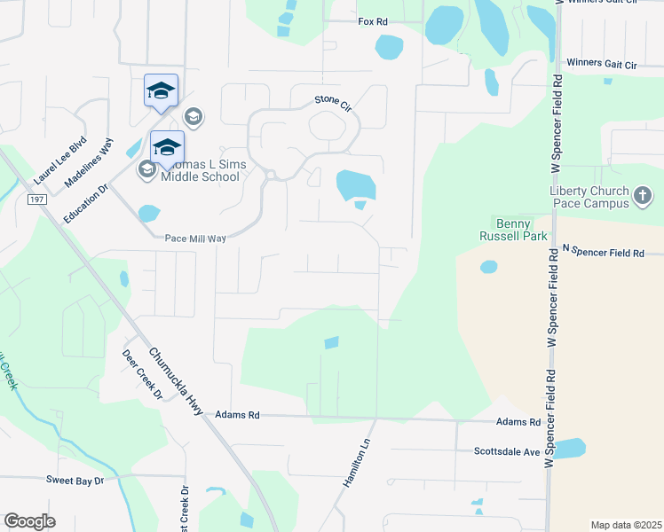 map of restaurants, bars, coffee shops, grocery stores, and more near 3928 Redbud Lane in Pace