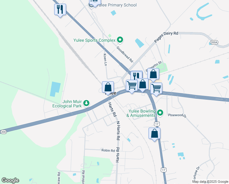 map of restaurants, bars, coffee shops, grocery stores, and more near 1303 East State Road 200 in Yulee