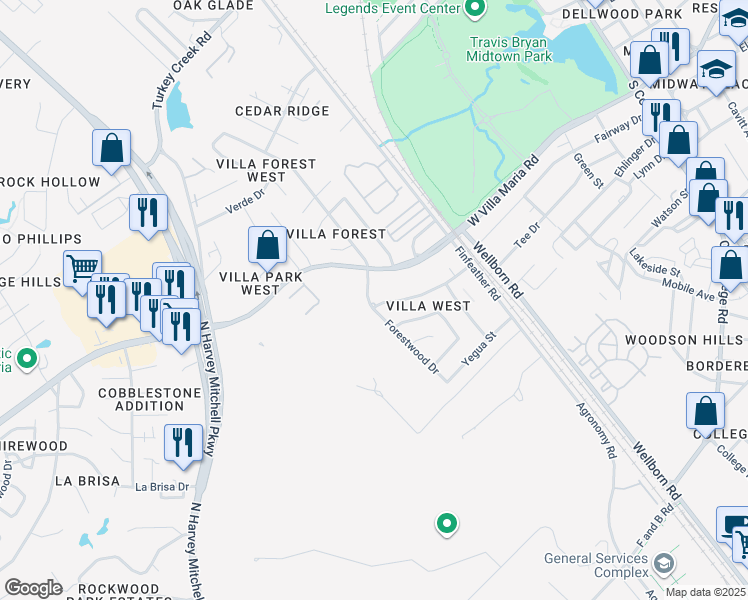 map of restaurants, bars, coffee shops, grocery stores, and more near 943 Navidad Street in Bryan