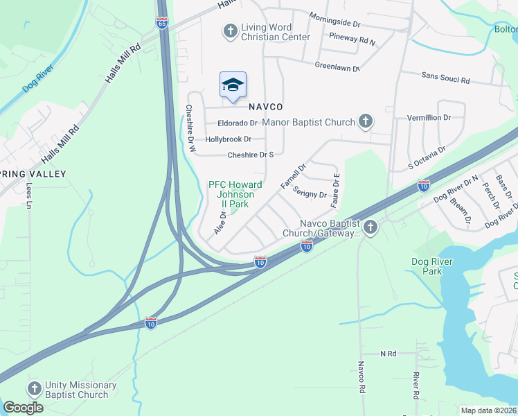 map of restaurants, bars, coffee shops, grocery stores, and more near 2706 Farnell Drive in Mobile