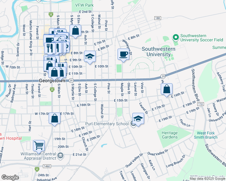 map of restaurants, bars, coffee shops, grocery stores, and more near 806 East 13th Street in Georgetown