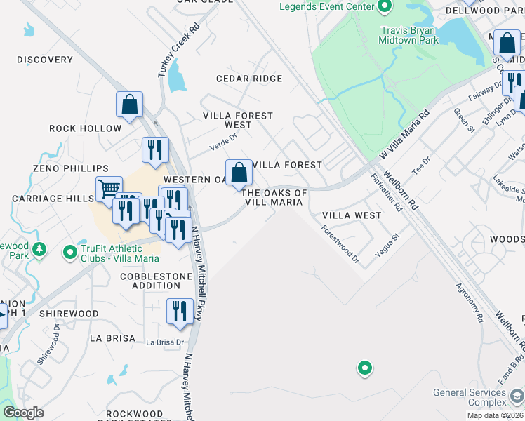 map of restaurants, bars, coffee shops, grocery stores, and more near 1305 West Villa Maria Road in Bryan
