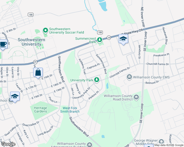 map of restaurants, bars, coffee shops, grocery stores, and more near 2324 Brookhollow Terrace in Georgetown