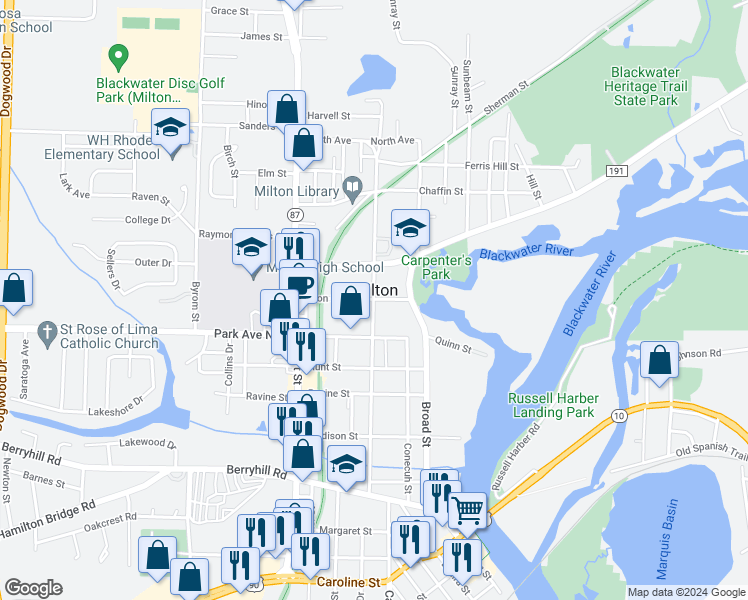 map of restaurants, bars, coffee shops, grocery stores, and more near County Road 87A in Milton