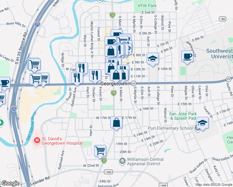 map of restaurants, bars, coffee shops, grocery stores, and more near 1246 South Main Street in Georgetown