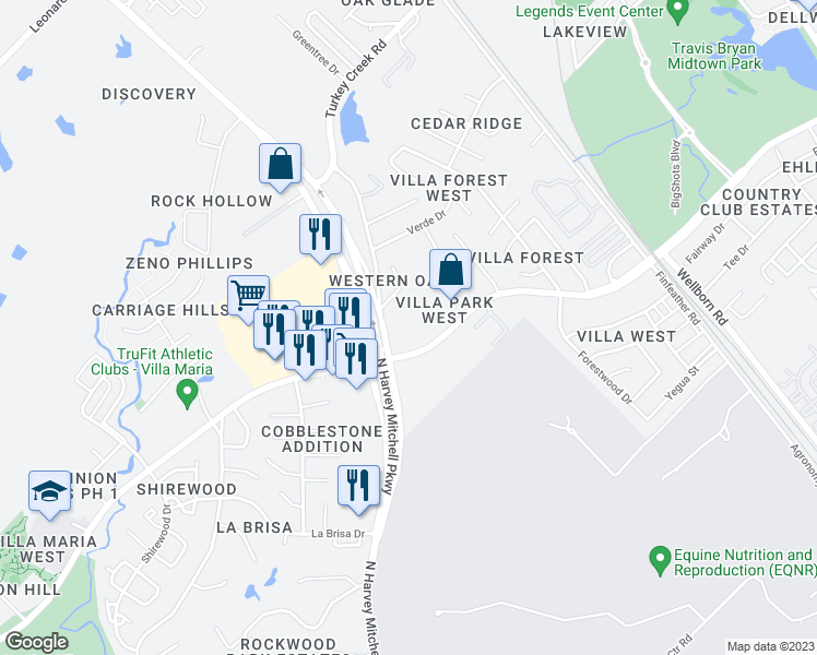 map of restaurants, bars, coffee shops, grocery stores, and more near 1410 West Villa Maria Road in Bryan