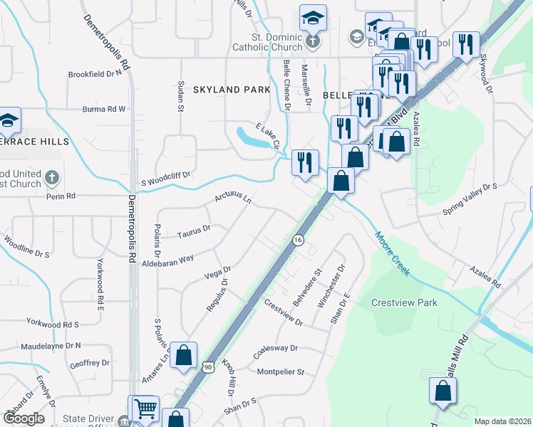 map of restaurants, bars, coffee shops, grocery stores, and more near 4208 Vega Drive in Mobile