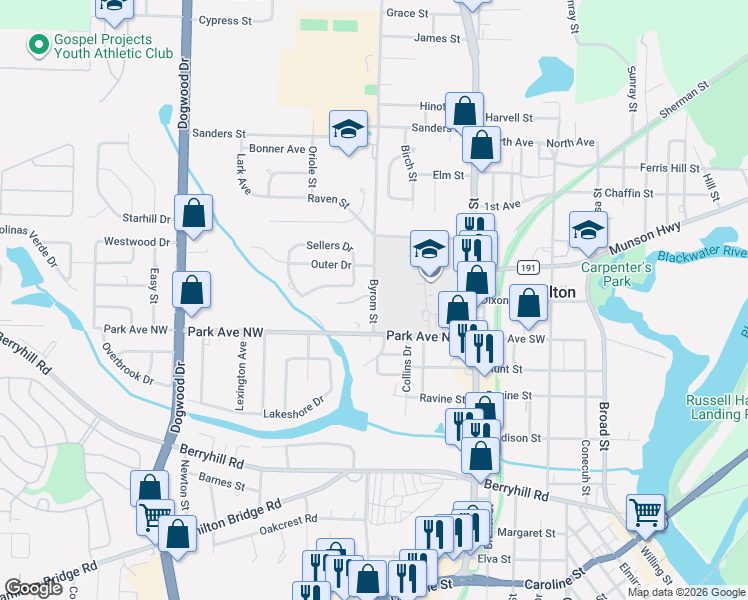 map of restaurants, bars, coffee shops, grocery stores, and more near 6590 Park Avenue in Milton