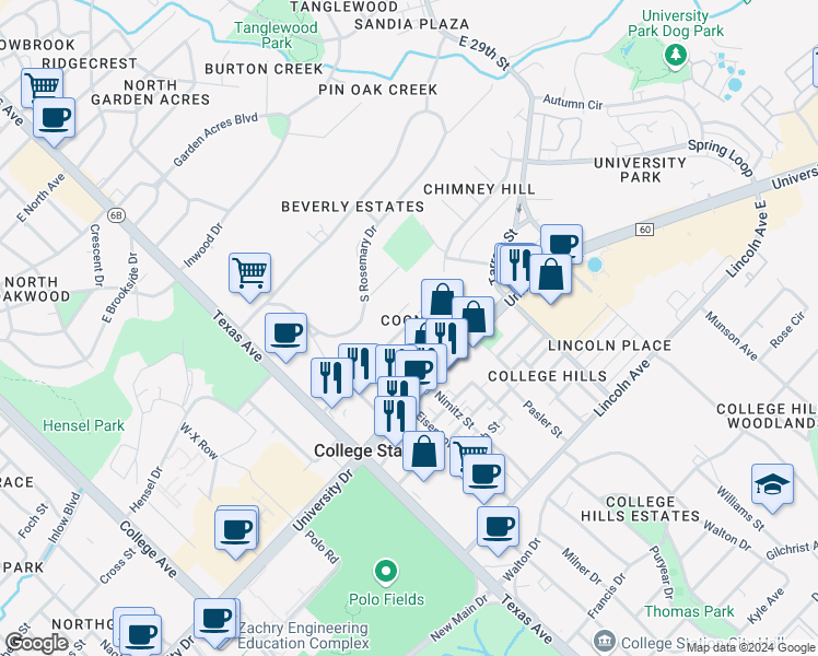 map of restaurants, bars, coffee shops, grocery stores, and more near 402 Macarthur Street in College Station