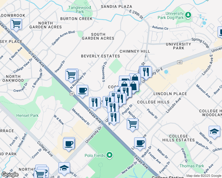 map of restaurants, bars, coffee shops, grocery stores, and more near 402 Macarthur Street in College Station