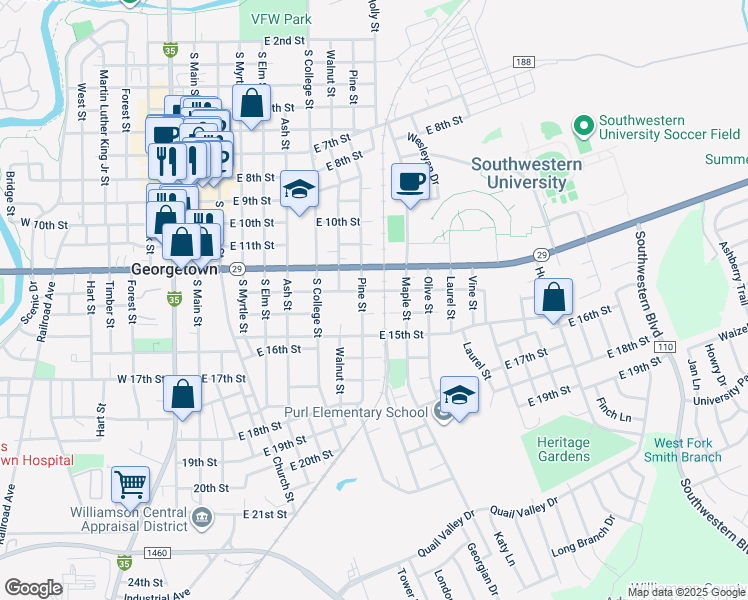 map of restaurants, bars, coffee shops, grocery stores, and more near 1401 Pine Street in Georgetown