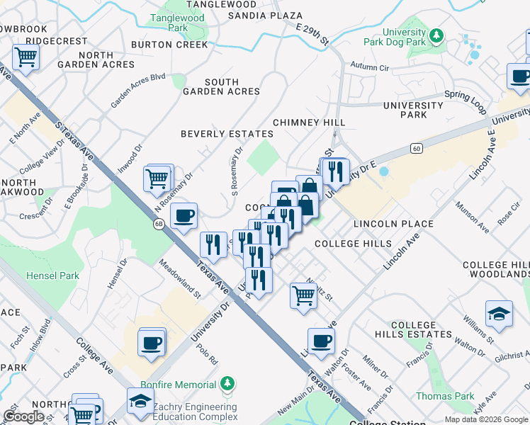 map of restaurants, bars, coffee shops, grocery stores, and more near 500 Cooner Street in College Station