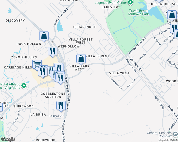 map of restaurants, bars, coffee shops, grocery stores, and more near 1305 West Villa Maria Road in Bryan