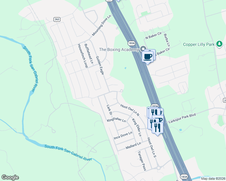 map of restaurants, bars, coffee shops, grocery stores, and more near 305 Hummingbird Lane in Leander