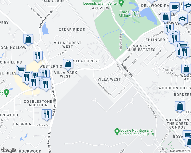 map of restaurants, bars, coffee shops, grocery stores, and more near 943 Navidad Street in Bryan