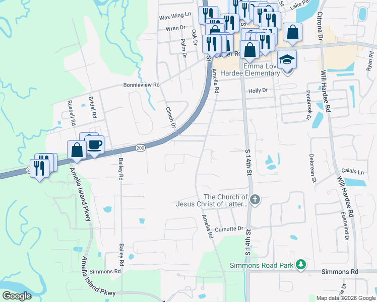 map of restaurants, bars, coffee shops, grocery stores, and more near 773 Grove Park Circle in Fernandina Beach