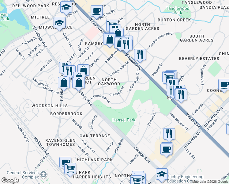 map of restaurants, bars, coffee shops, grocery stores, and more near 314 East Brookside Drive in Bryan