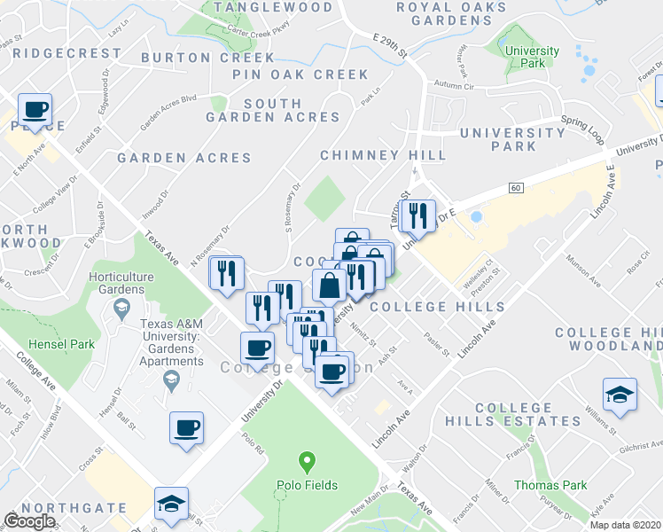 map of restaurants, bars, coffee shops, grocery stores, and more near 402 Macarthur Street in College Station