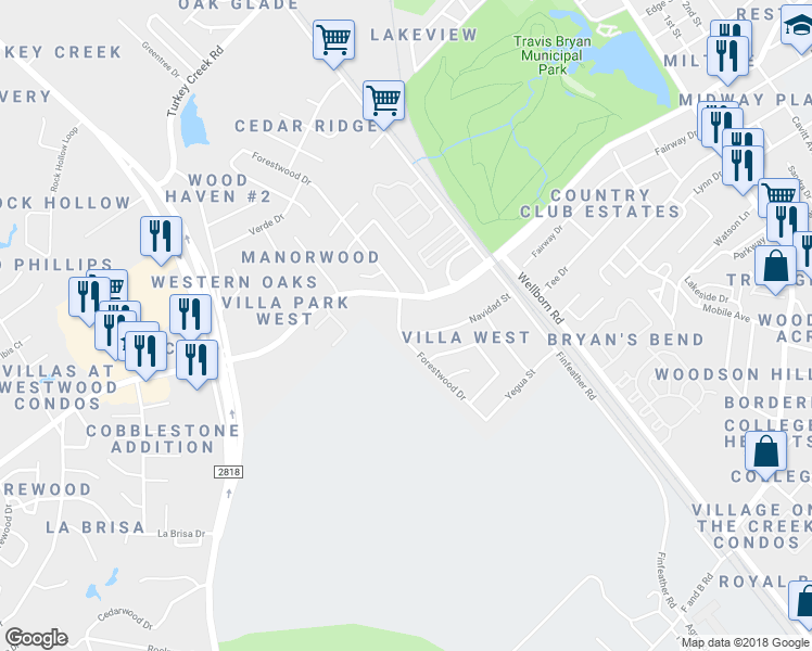 map of restaurants, bars, coffee shops, grocery stores, and more near 943 Navidad Street in Bryan