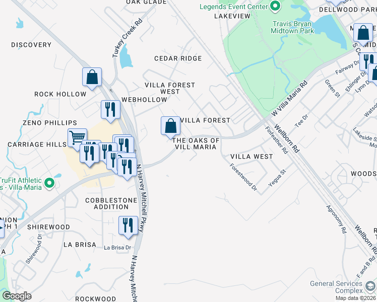 map of restaurants, bars, coffee shops, grocery stores, and more near 1305 West Villa Maria Road in Bryan