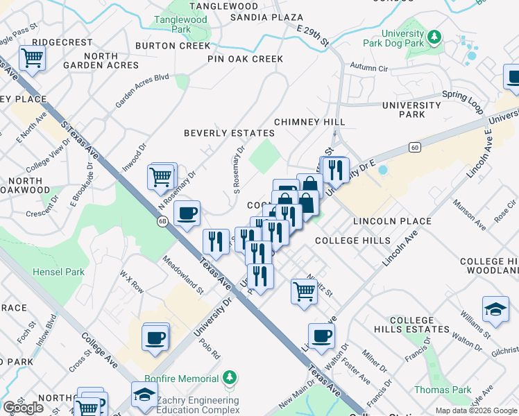 map of restaurants, bars, coffee shops, grocery stores, and more near 402 Macarthur Street in College Station