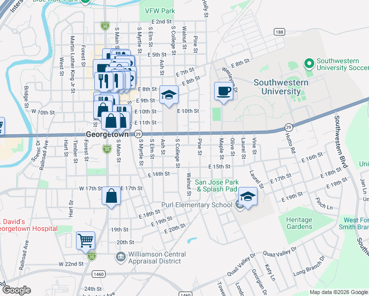 map of restaurants, bars, coffee shops, grocery stores, and more near 1401 South College Street in Georgetown
