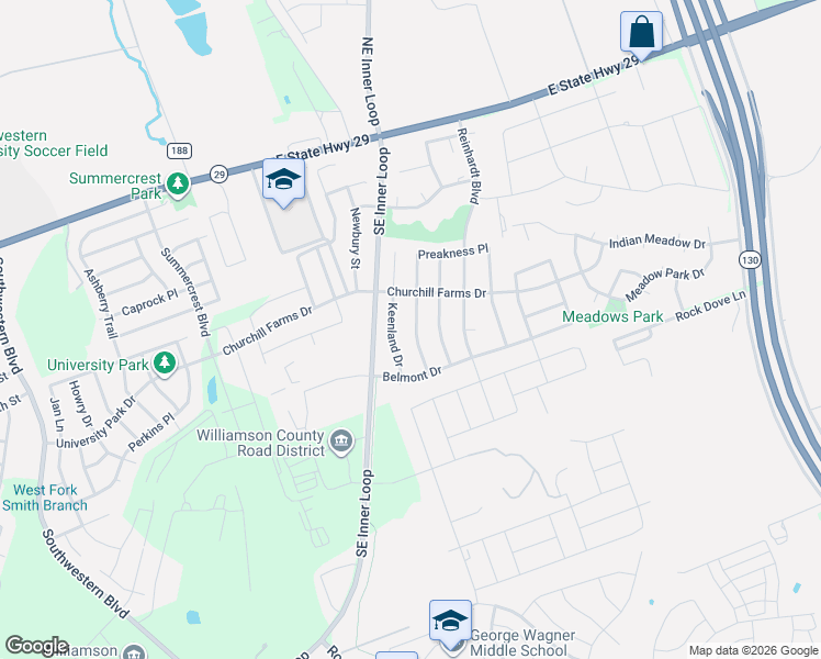 map of restaurants, bars, coffee shops, grocery stores, and more near 418 Keenland Drive in Georgetown