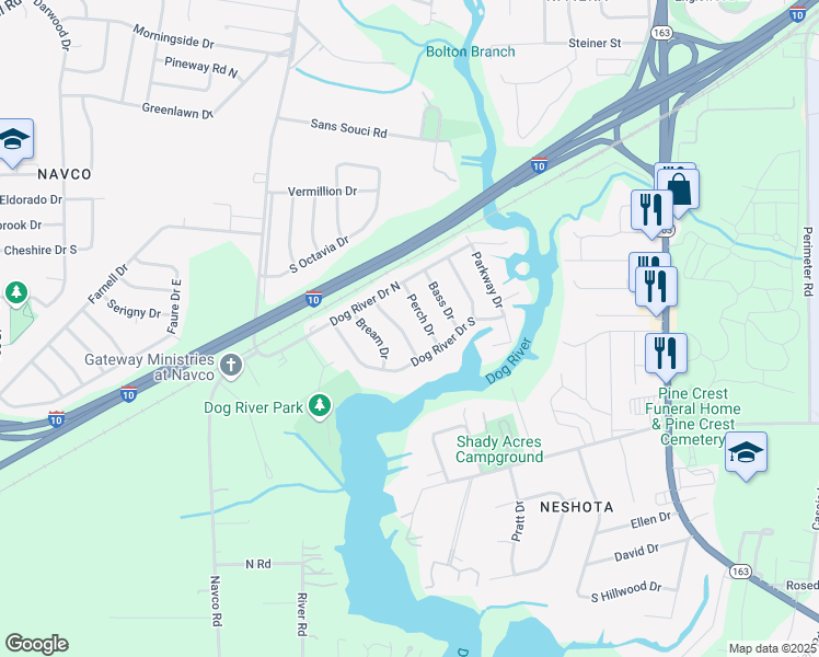 map of restaurants, bars, coffee shops, grocery stores, and more near 1713 Marengo Drive in Mobile