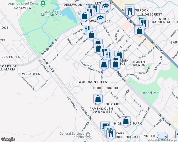 map of restaurants, bars, coffee shops, grocery stores, and more near 3902 Olive Street in Bryan
