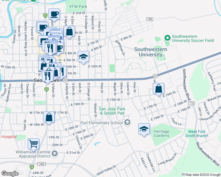 map of restaurants, bars, coffee shops, grocery stores, and more near 900 East 13th Street in Georgetown