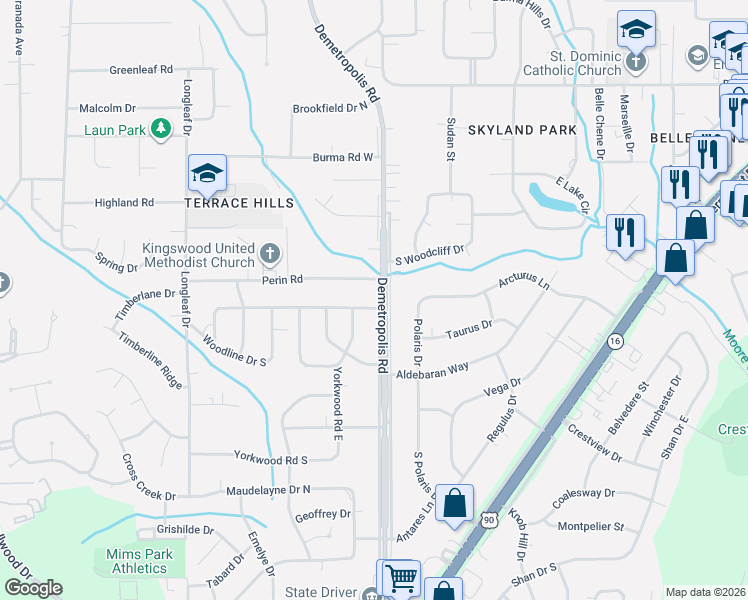 map of restaurants, bars, coffee shops, grocery stores, and more near 5000 Woodmere Street in Mobile