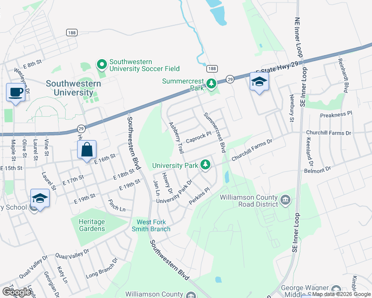 map of restaurants, bars, coffee shops, grocery stores, and more near 2305 Brookhollow Terrace in Georgetown
