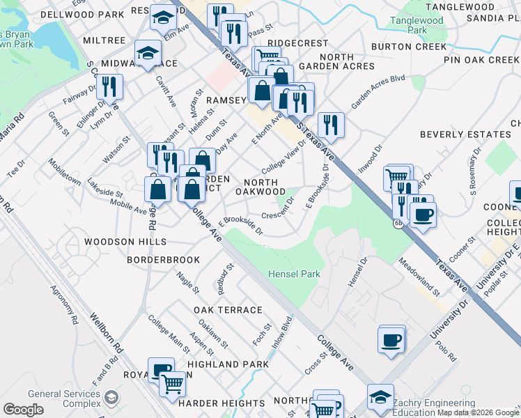 map of restaurants, bars, coffee shops, grocery stores, and more near 304 Hensel Avenue in Bryan