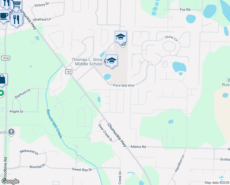 map of restaurants, bars, coffee shops, grocery stores, and more near 3888 Hawks Landing Circle in Pace