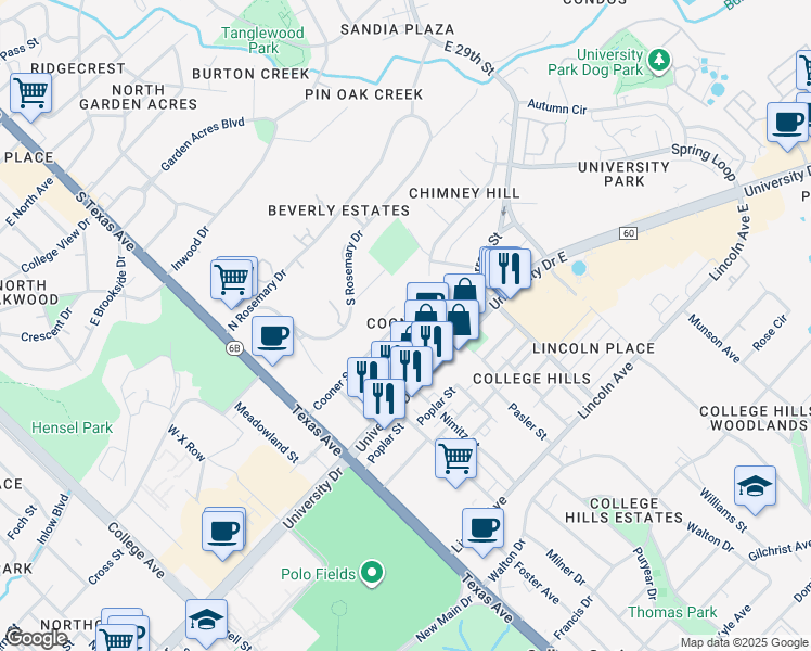 map of restaurants, bars, coffee shops, grocery stores, and more near 509 Cooner Street in College Station