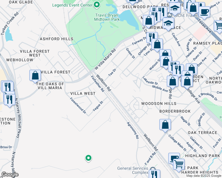 map of restaurants, bars, coffee shops, grocery stores, and more near 3605 South Hampton Court in Bryan