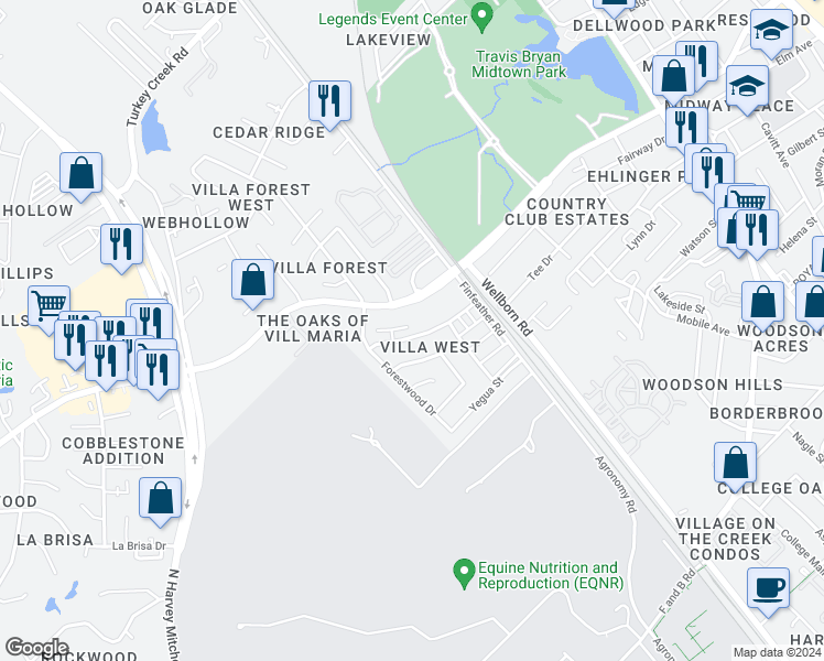 map of restaurants, bars, coffee shops, grocery stores, and more near 904 Navidad Street in Bryan