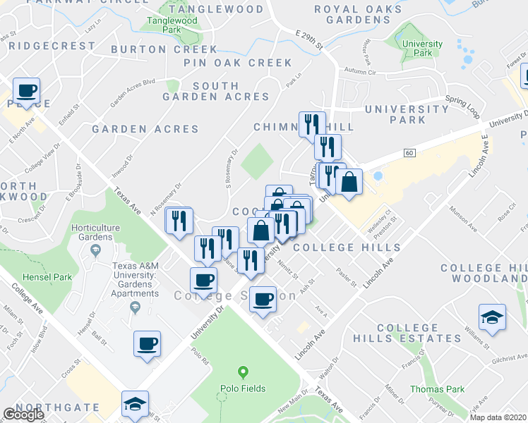 map of restaurants, bars, coffee shops, grocery stores, and more near 504 Cooner Street in College Station