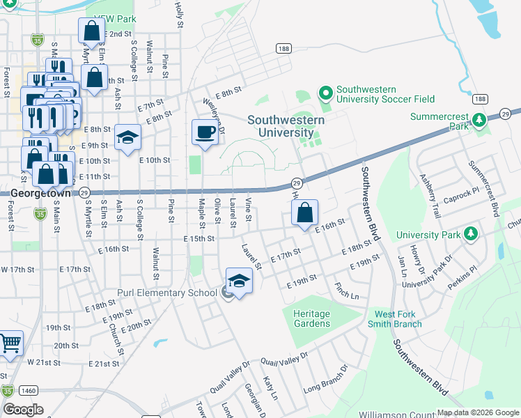 map of restaurants, bars, coffee shops, grocery stores, and more near 701 James Street in Georgetown