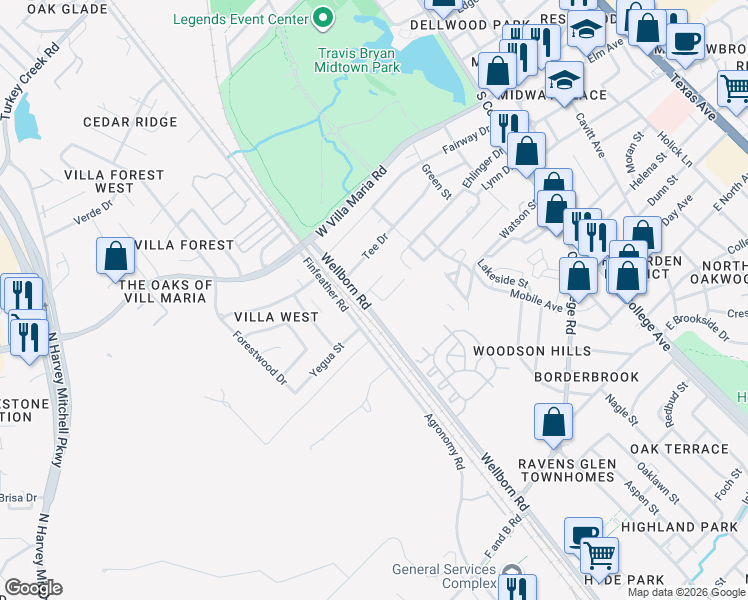 map of restaurants, bars, coffee shops, grocery stores, and more near 3607 South Hampton Court in Bryan