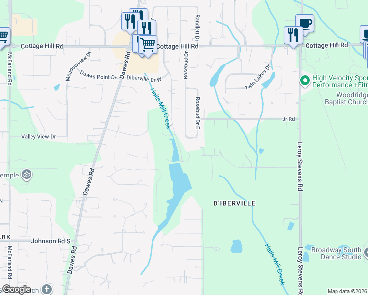 map of restaurants, bars, coffee shops, grocery stores, and more near 8573 Rosebud Drive North in Mobile