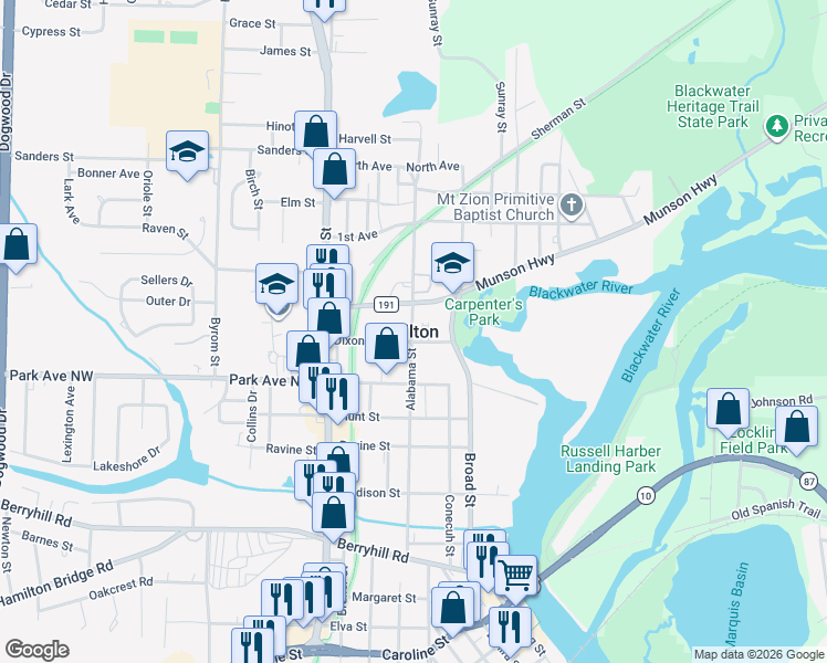 map of restaurants, bars, coffee shops, grocery stores, and more near in Milton