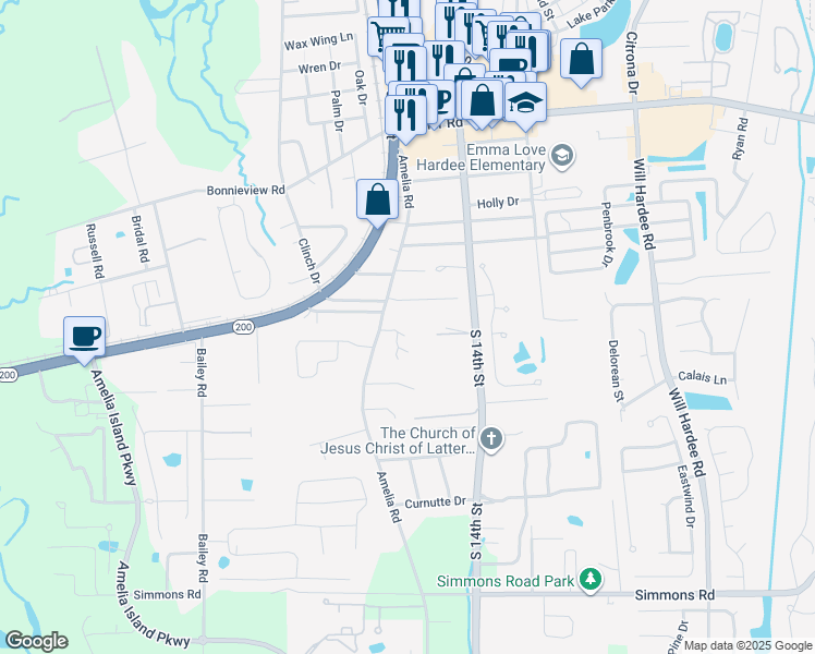 map of restaurants, bars, coffee shops, grocery stores, and more near 842 Oak Lane in Fernandina Beach