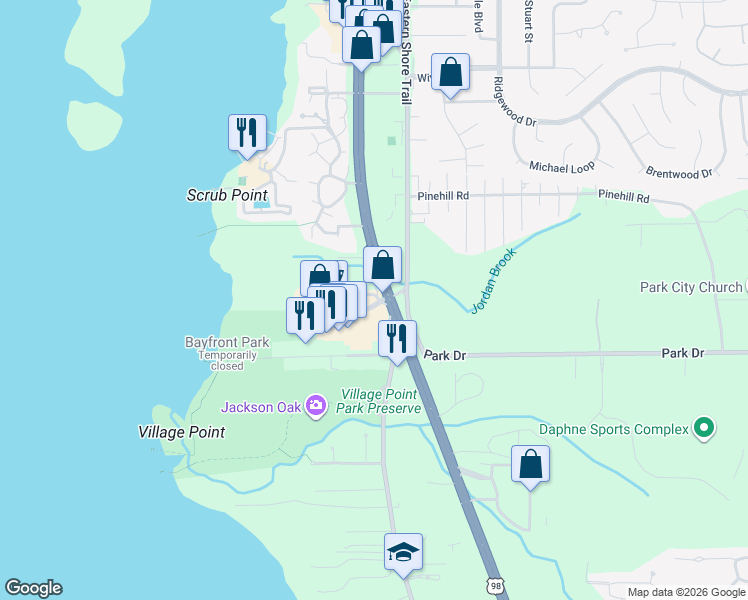 map of restaurants, bars, coffee shops, grocery stores, and more near 27985 U.S. 98 in Daphne