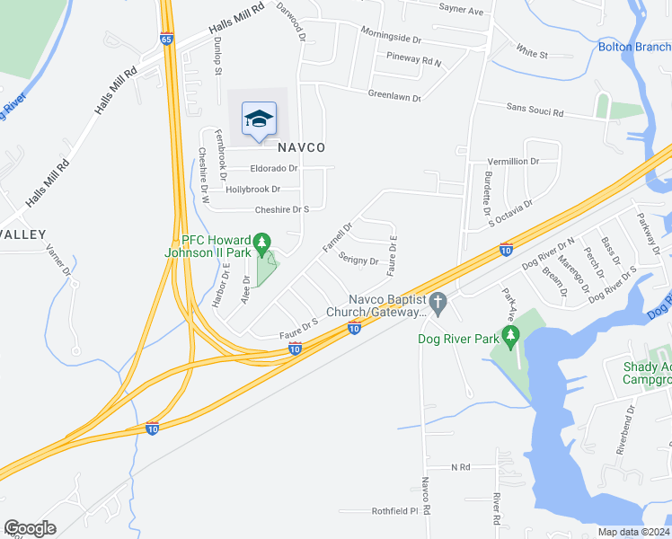 map of restaurants, bars, coffee shops, grocery stores, and more near 1607 Penicault Drive in Mobile