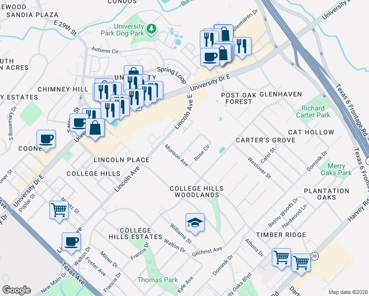 map of restaurants, bars, coffee shops, grocery stores, and more near 927 Grand Oaks Circle in College Station