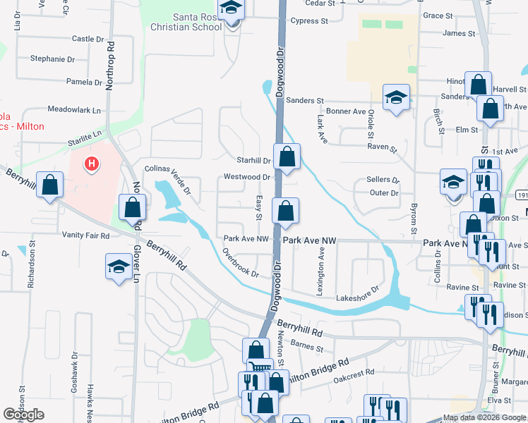 map of restaurants, bars, coffee shops, grocery stores, and more near 5455 Easy Street in Milton