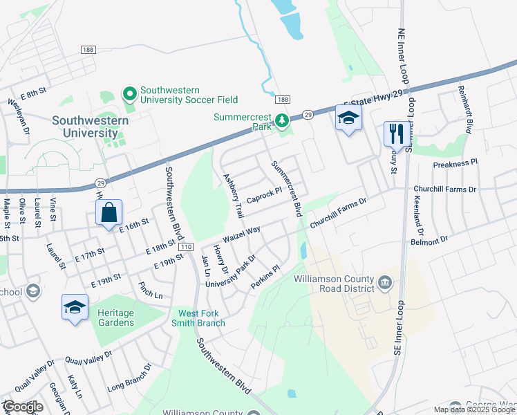 map of restaurants, bars, coffee shops, grocery stores, and more near 2323 Brookhollow Terrace in Georgetown